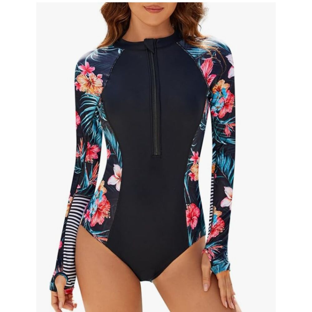 NEW Yolipuli Long Sleeve Rash Guard One Piece Zip Front Floral Medium